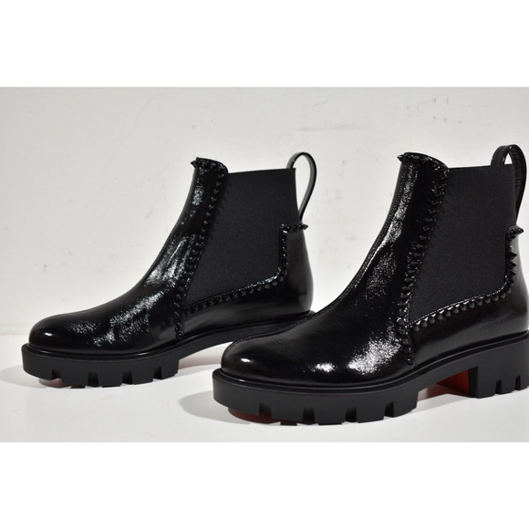 Christian Louboutin Out Lina Spike Lug Flat Black Patent Chelsea Ankle Boot 37.5 - Picture 9 of 12